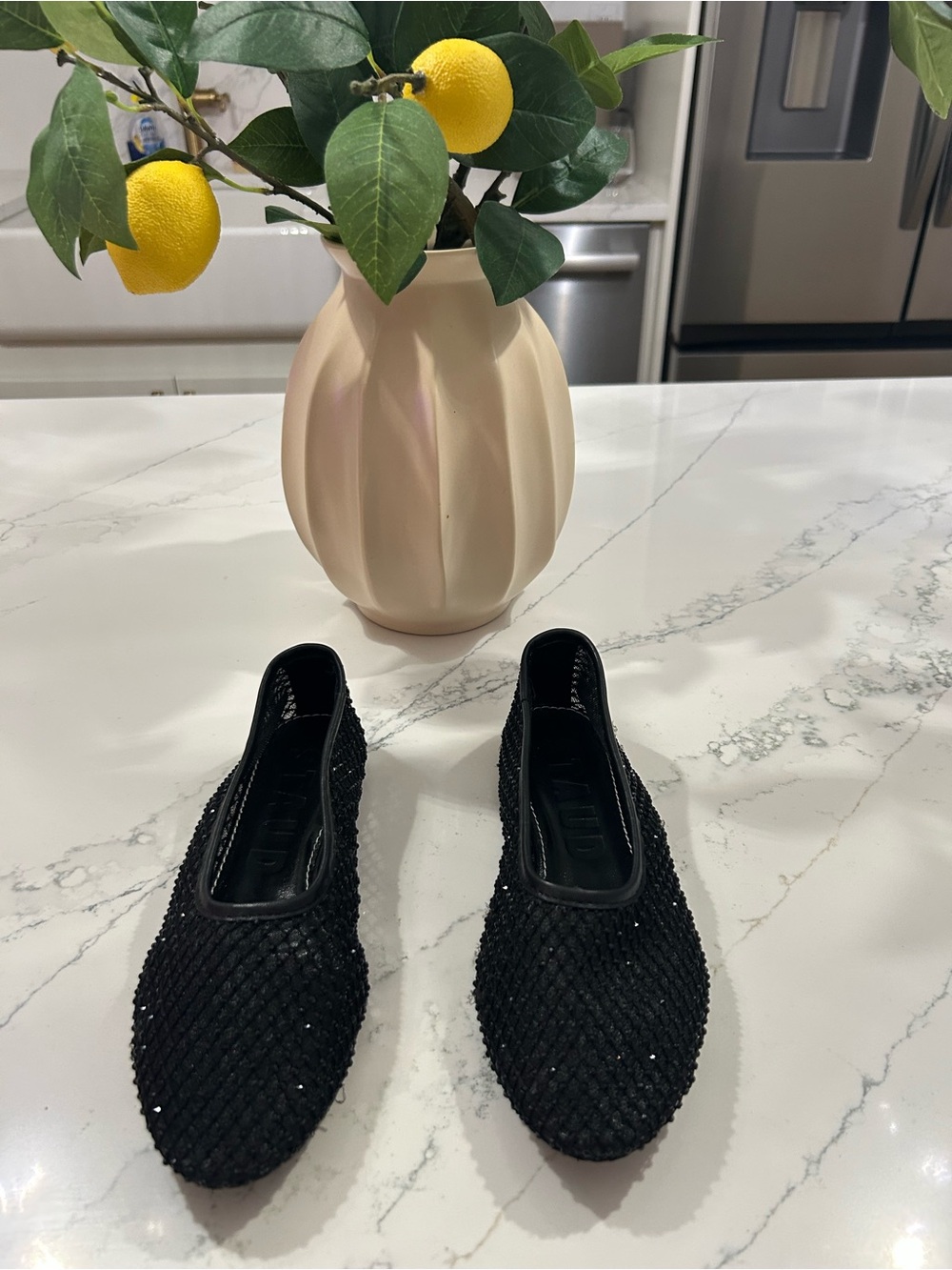 STAUD Black Crystal Alba Mesh Ballet Flats